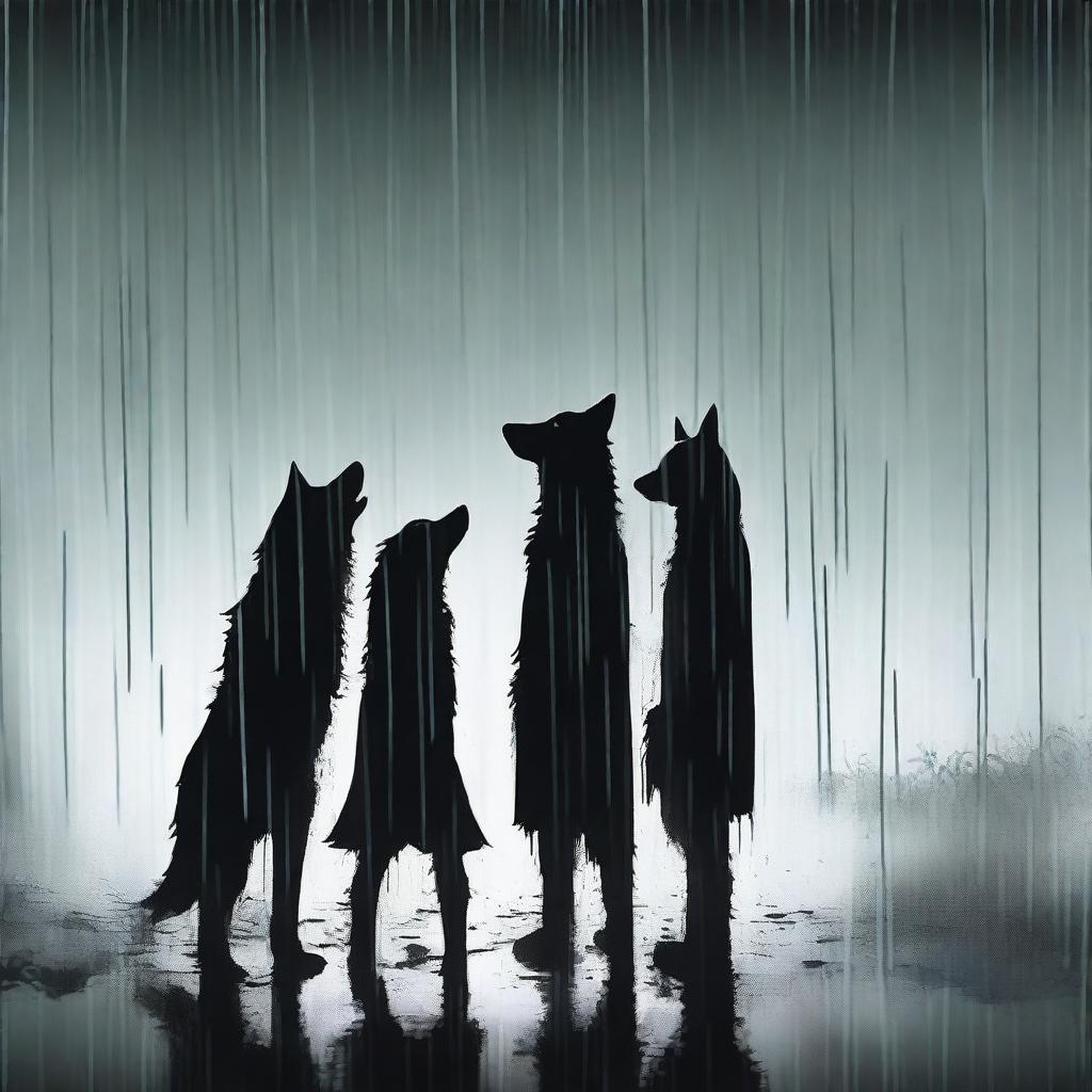 A dramatic and realistic scene featuring three black silhouettes of a woman and two men under the rain