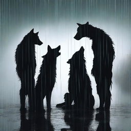 A dramatic and realistic scene featuring three black silhouettes of a woman and two men under the rain