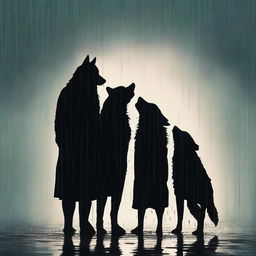 A dramatic and realistic scene featuring three black silhouettes of a woman and two men under the rain