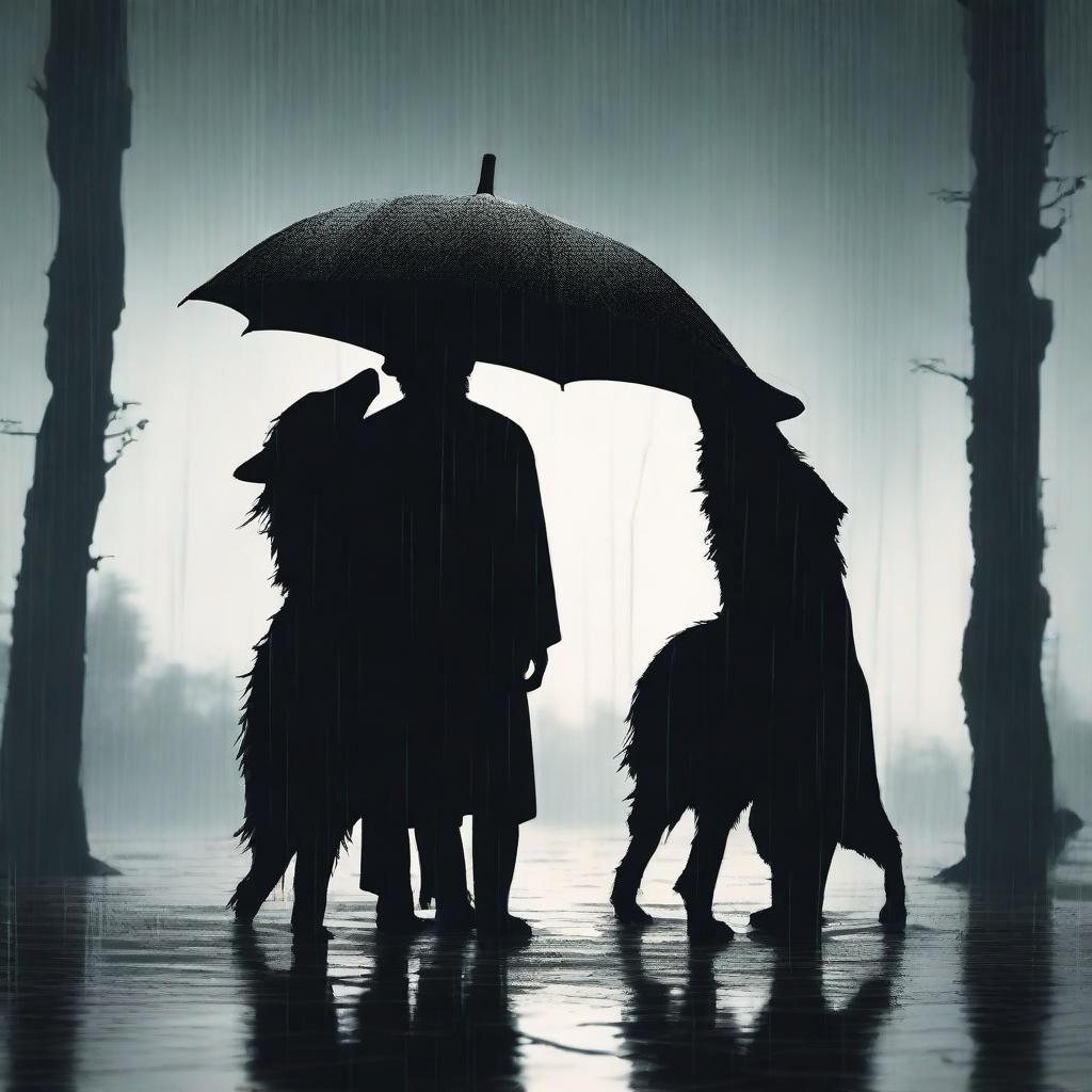 A dramatic and realistic scene featuring three black silhouettes of a woman and two men under the rain