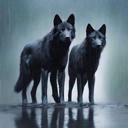 A realistic scene featuring two black wolves and one white wolf standing under the rain