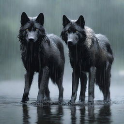 A realistic scene featuring two black wolves and one white wolf standing under the rain