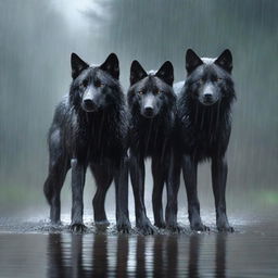 A realistic scene featuring two black wolves and one white wolf standing under the rain