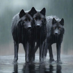 A realistic scene featuring two black wolves and one white wolf standing under the rain