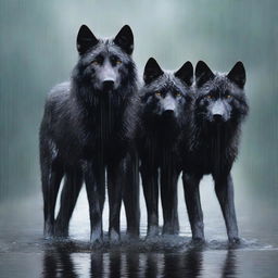 A realistic scene featuring two black wolves and one white wolf standing under the rain