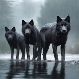 A realistic scene featuring two black wolves and one white wolf standing under the rain