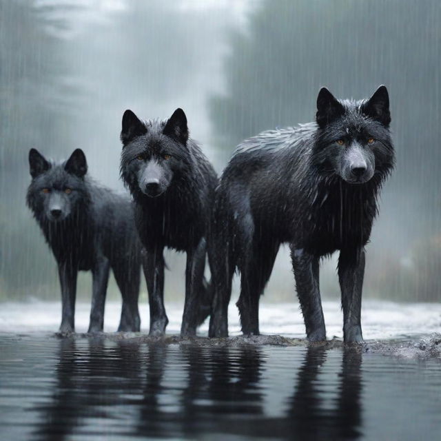 A realistic scene featuring two black wolves and one white wolf standing under the rain