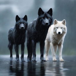 A realistic scene featuring two black wolves and one white wolf standing under the rain