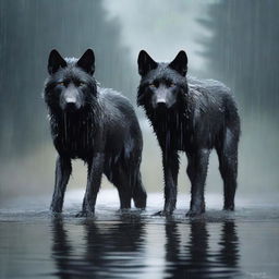 A realistic scene featuring two black wolves and one white wolf standing under the rain