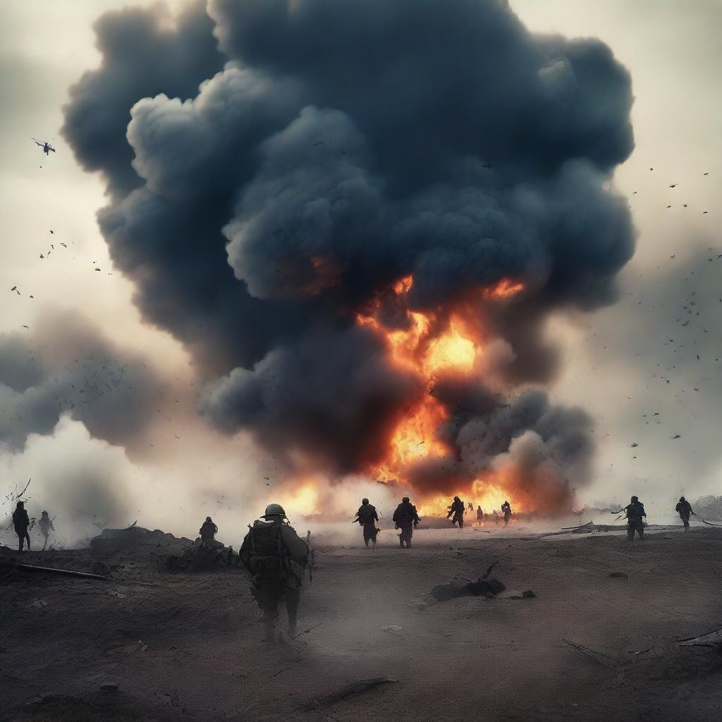 A dramatic scene of a battlefield with soldiers in combat, explosions, and smoke filling the air