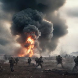 A dramatic scene of a battlefield with soldiers in combat, explosions, and smoke filling the air