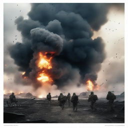 A dramatic scene of a battlefield with soldiers in combat, explosions, and smoke filling the air