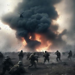 A dramatic scene of a battlefield with soldiers in combat, explosions, and smoke filling the air