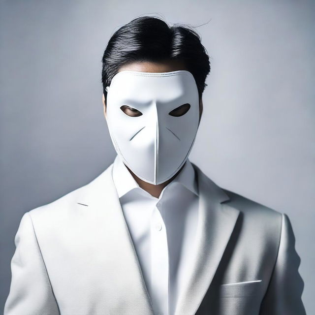 A mysterious man dressed in white, wearing a mask