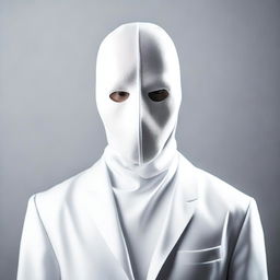 A mysterious man dressed in white, wearing a mask