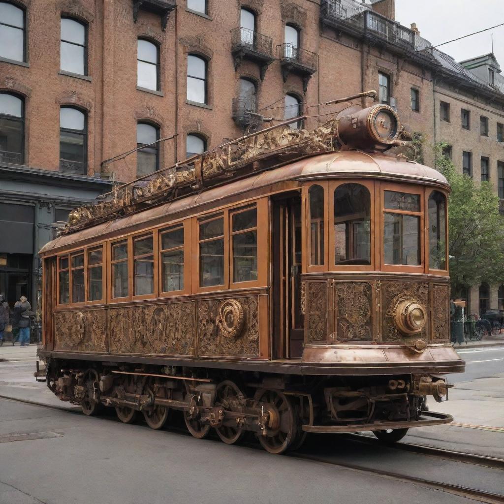 A city tram redesigned in a steampunk style, bearing vintage design elements, brass and copper adornments, steam-powered mechanisms, and an array of complex gears and indicators.