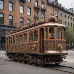 A city tram redesigned in a steampunk style, bearing vintage design elements, brass and copper adornments, steam-powered mechanisms, and an array of complex gears and indicators.