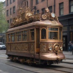 A city tram redesigned in a steampunk style, bearing vintage design elements, brass and copper adornments, steam-powered mechanisms, and an array of complex gears and indicators.