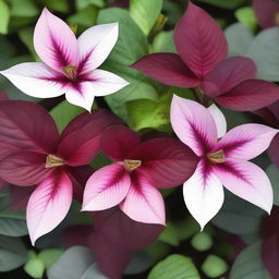 A plant with a beautiful array of colors including wine red, white, black, gray, brown, and pink