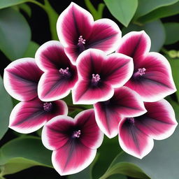 A plant with a beautiful array of colors including wine red, white, black, gray, brown, and pink