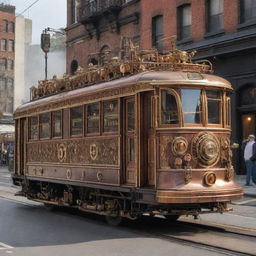 A city tram redesigned in a steampunk style, bearing vintage design elements, brass and copper adornments, steam-powered mechanisms, and an array of complex gears and indicators.