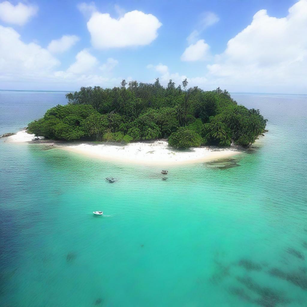 Buatlah sebuah pulau yang indah dengan pantai berpasir putih, pohon kelapa yang bergoyang, dan air laut yang jernih berwarna biru