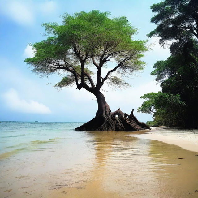 Buatlah sebuah pulau yang indah dengan pantai berpasir putih, pohon kelapa yang bergoyang, dan air laut yang jernih berwarna biru