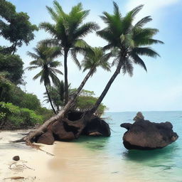 Buatlah sebuah pulau yang indah dengan pantai berpasir putih, pohon kelapa yang bergoyang, dan air laut yang jernih berwarna biru