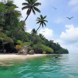 Buatlah sebuah pulau yang indah dengan pantai berpasir putih, pohon kelapa yang bergoyang, dan air laut yang jernih berwarna biru