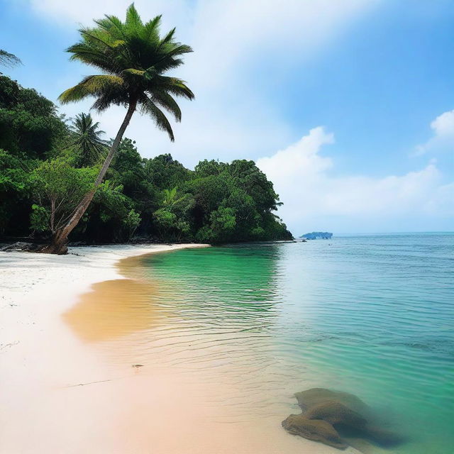 Buatlah sebuah pulau yang indah dengan pantai berpasir putih, pohon kelapa yang bergoyang, dan air laut yang jernih berwarna biru