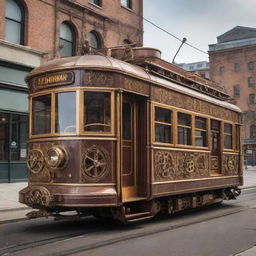 A city tram redesigned in a steampunk style, bearing vintage design elements, brass and copper adornments, steam-powered mechanisms, and an array of complex gears and indicators.