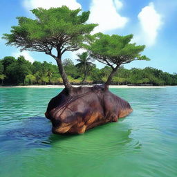 Buatlah sebuah pulau yang indah dengan pantai berpasir putih, pohon kelapa yang bergoyang, dan air laut yang jernih berwarna biru