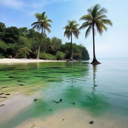 Buatlah sebuah pulau yang indah dengan pantai berpasir putih, pohon kelapa yang bergoyang, dan air laut yang jernih berwarna biru