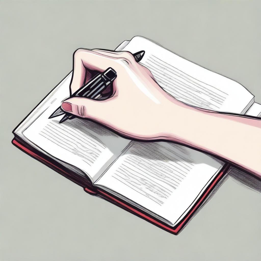 A detailed illustration of a white female hand with nails painted red, holding a pen and writing in a book