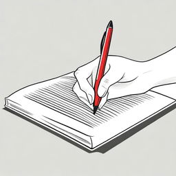 A detailed illustration of a white female hand with nails painted red, holding a pen and writing in a book