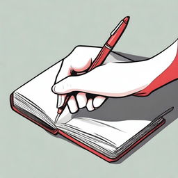 A detailed illustration of a white female hand with nails painted red, holding a pen and writing in a book