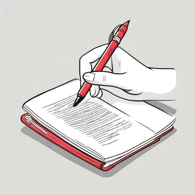 A detailed illustration of a white female hand with nails painted red, holding a pen and writing in a book