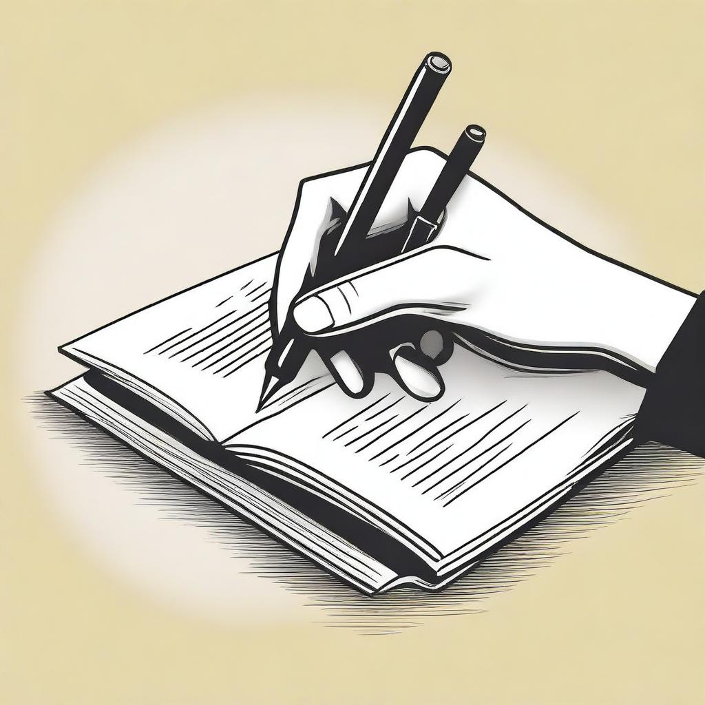 A detailed illustration of a hand holding a pen and writing in a book