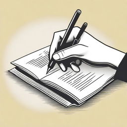 A detailed illustration of a hand holding a pen and writing in a book