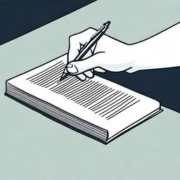 A detailed illustration of a hand holding a pen and writing in a book