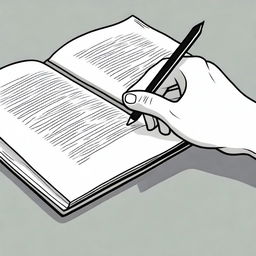 A detailed illustration of a hand holding a pen and writing in a book