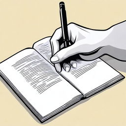 A detailed illustration of a hand holding a pen and writing in a book