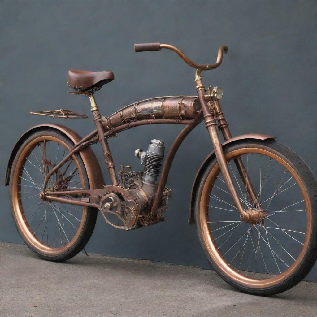 A bicycle transformed into a steampunk masterpiece, featuring vintage design, copper and brass detailing, steam-powered components, and intricate gearwork.