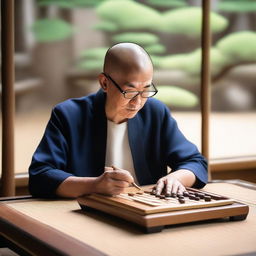 A serene and focused individual mastering the game of Go, seated at a traditional wooden table with a Go board