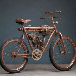 A bicycle transformed into a steampunk masterpiece, featuring vintage design, copper and brass detailing, steam-powered components, and intricate gearwork.