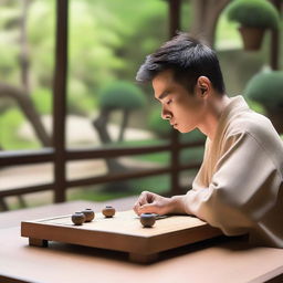 A serene and focused individual mastering the game of Go, seated at a traditional wooden table with a Go board