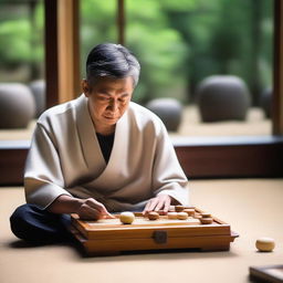 A serene and focused individual mastering the game of Go, seated at a traditional wooden table with a Go board