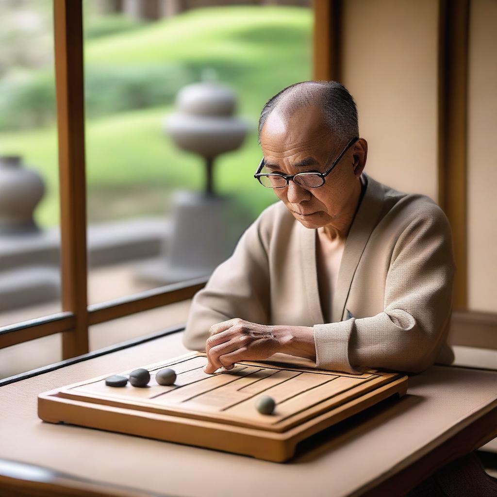 A serene and focused individual mastering the game of Go, seated at a traditional wooden table with a Go board