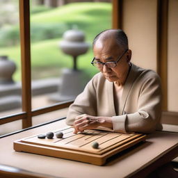 A serene and focused individual mastering the game of Go, seated at a traditional wooden table with a Go board