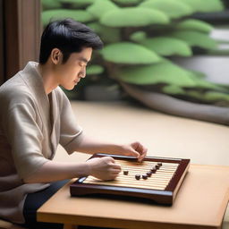 A serene and focused individual mastering the game of Go, seated at a traditional wooden table with a Go board